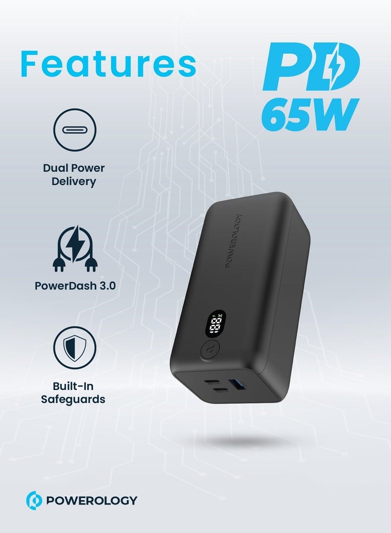 باورولوجي بنك طاقة Onyx بسعة 20000mAh بقوة 65W، شاحن فائق السرعة PD للكمبيوتر المحمول، إخراج بثلاث منافذ (2xUSB-C، 1xUSB-A)، شاشة LED، للكمبيوترات المحمولة، الأجهزة اللوحية، والهواتف الذكية، باللون الأسود - Image 3